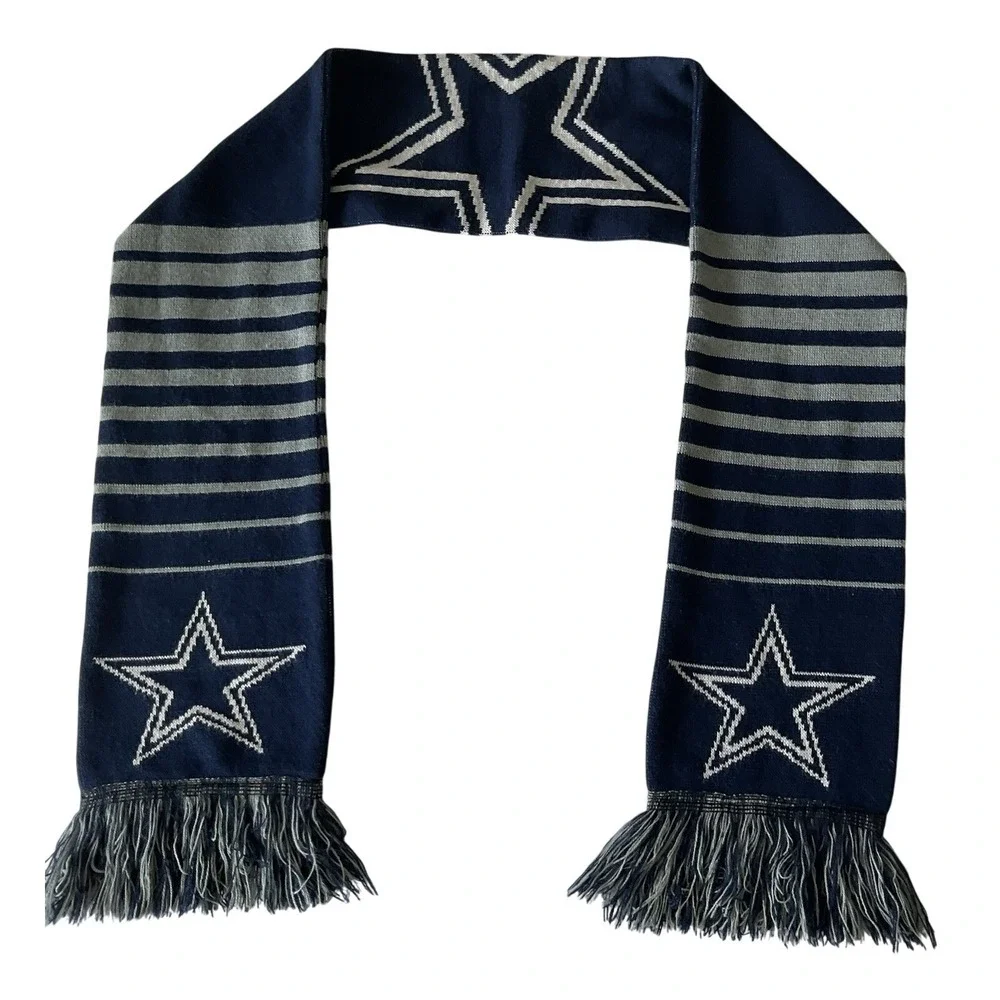 NFL Dallas Cowboys Knit Scarf Navy Blue Silver Striped Star Fringe Fan Gear‎